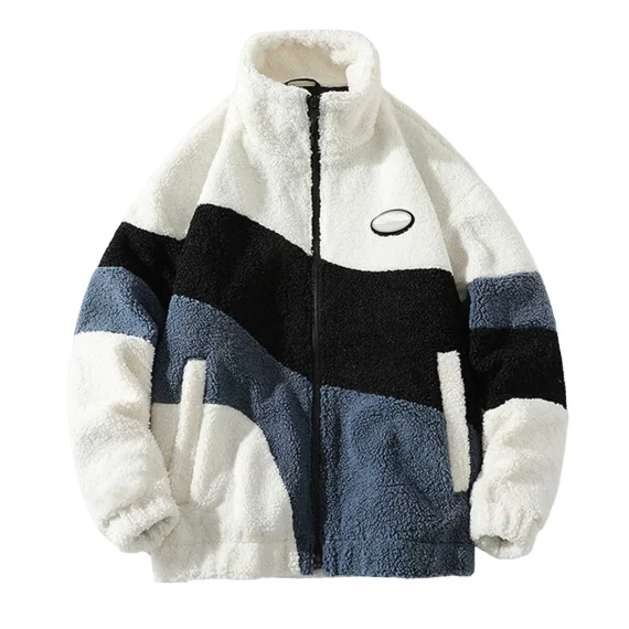 Vintage Polar Fleece Men’s Jacket Oversize Contrast Color Coat Warm Male Outwear Winter Parkas Jacket Men’s Clothes